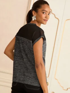 Love & Roses Black Metallic Satin Front V-Neck Short Sleeve Top Sale