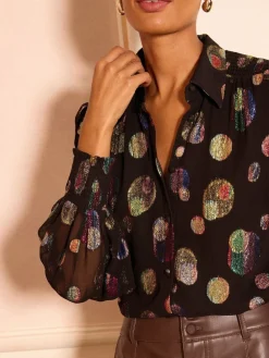 Love & Roses Printed Long Sleeve Shirt Black Metallic Spot New