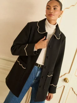 Love & Roses Mid Length Scallop Trim Dolly Coat Black Online