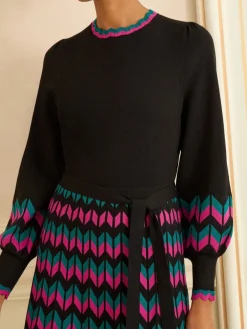 Love & Roses Black Multi Chevron Petite Scallop Knitted Midi Dress Hot