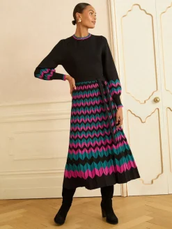 Love & Roses Black Multi Chevron Scallop Knitted Midi Dress Clearance