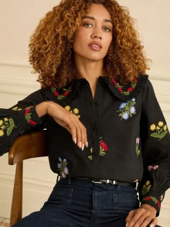 Love & Roses Black Petite Floral Embroidered Collar Blouse New