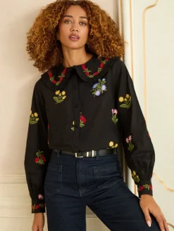 Love & Roses Black Petite Floral Embroidered Collar Blouse New