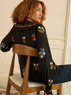 Love & Roses Black Petite Floral Embroidered Collar Blouse New