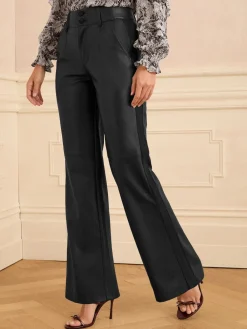 Love & Roses Black Petite Faux Leather Wide Leg With Faux Suede Side Stripe Trousers Discount