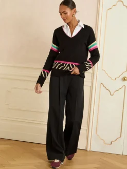 Love & Roses Print V-Neck Cosy Knit Jumper Black Rainbow Animal Stripe Outlet