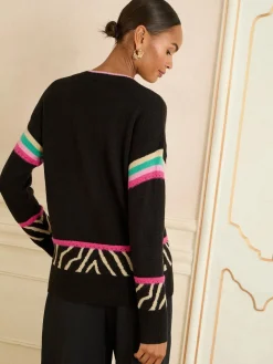 Love & Roses Print V-Neck Cosy Knit Jumper Black Rainbow Animal Stripe Outlet