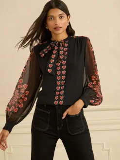Love & Roses Black Red Heart Long Sleeve Pussybow Blouse Sale