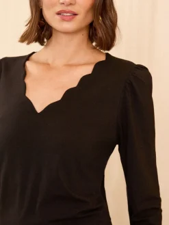 Love & Roses Black Scallop V-Neck Long Sleeve Jersey Top Best