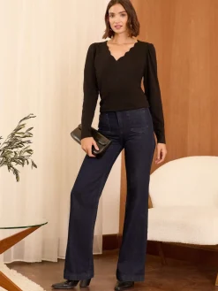 Love & Roses Black Scallop V-Neck Long Sleeve Jersey Top Best