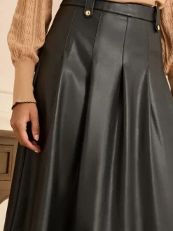 Love & Roses Black Tab Detail Fit and Flare Faux Leather Midi Skirt Best