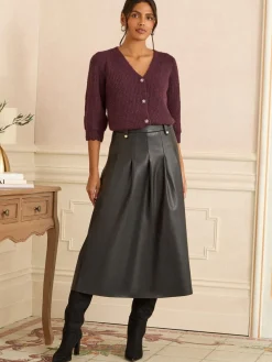 Love & Roses Black Tab Detail Fit and Flare Faux Leather Midi Skirt Best
