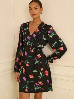 Love & Roses V-Neck Mini Dress Black Tulip Print Best