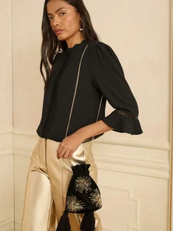 Love & Roses Velvet Sequin Embellished Pouch Bag Black New