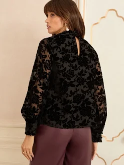 Love & Roses Black Velvet Burnout Long Sleeve Pussybow Blouse Sale