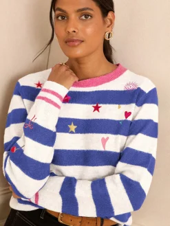 Love & Roses Stripe Embroidered Jumper Blue and Ivory Hot