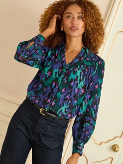 Love & Roses Button Through Long Sleeve Shirt Blue Animal Sale