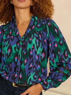 Love & Roses Button Through Long Sleeve Shirt Blue Animal Sale