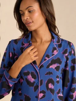 Love & Roses Short Set Button Through Pyjamas Blue Leopard Print Online