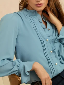 Love & Roses Long Sleeve Frill Detail Blouse Blue Hot