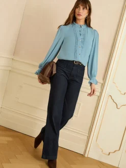 Love & Roses Long Sleeve Frill Detail Blouse Blue Hot