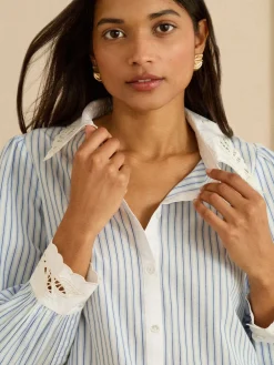 Love & Roses Blue White Stripe Lace Collar Button Through Long Sleeve Shirt Outlet