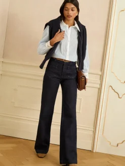 Love & Roses Blue White Stripe Lace Collar Button Through Long Sleeve Shirt Outlet