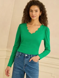 Love & Roses Bright Green Scallop V-Neck Long Sleeve Jersey Top Online