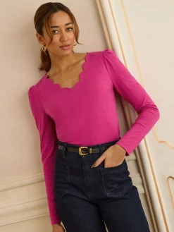 Love & Roses Bright Pink Scallop V-Neck Long Sleeve Jersey Top Discount