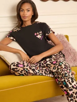 Love & Roses Short Sleeve Printed Bottom Jersey Pyjamas Set Brown Leopard Print Hot