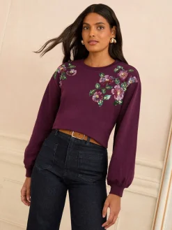 Love & Roses Burgundy Crew Neck Jersey Sequin Sweatshirt New