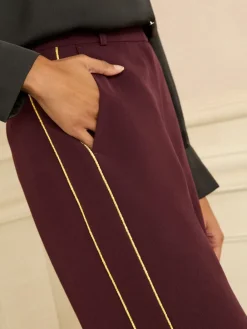 Love & Roses Textured Side Stripe Wide Leg Trousers Burgundy Gold Sale