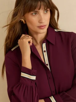 Love & Roses Button Through Long Sleeve Shirt Burgundy Red Metallic Online