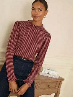 Love & Roses Burgundy Red And Beige Stripe Frill Neck Long Sleeve Jersey Top Best