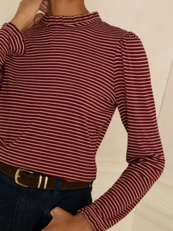 Love & Roses Burgundy Red And Beige Stripe Frill Neck Long Sleeve Jersey Top Best