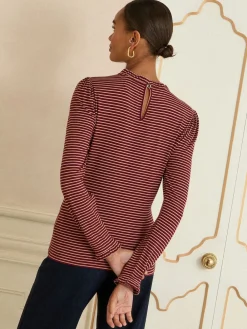 Love & Roses Burgundy Red And Beige Stripe Frill Neck Long Sleeve Jersey Top Best