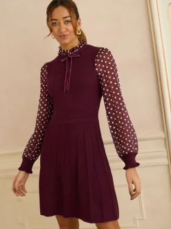Love & Roses Burgundy Red Petite Frill Neck Chiffon Sleeve Knitted Mini Dress Online