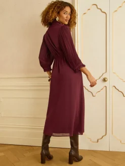 Love & Roses Burgundy Red Pleated Detail Midi Dress Best