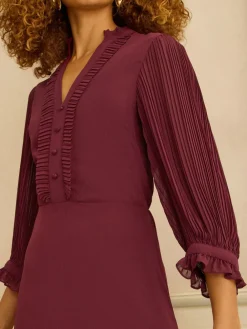 Love & Roses Burgundy Red Pleated Detail Midi Dress Best