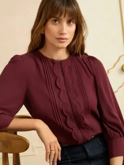 Love & Roses 3/4 Sleeve Scallop Detail Blouse Burgundy Red Online