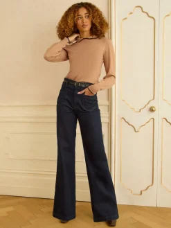 Love & Roses Knitted Collar Jumper Camel Crochet Tipped Clearance