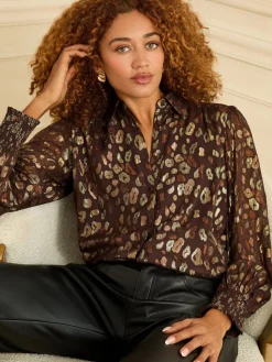Love & Roses Printed Long Sleeve Shirt Chocolate Brown New