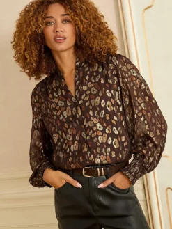 Love & Roses Printed Long Sleeve Shirt Chocolate Brown New