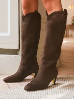 Love & Roses Faux Suede Pull On Western Low Heel Smart Long Boots Chocolate Brown Online