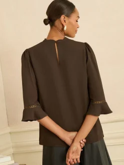 Love & Roses Chocolate Brown 3/4 Flute Sleeve Blouse Best