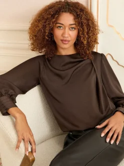 Love & Roses Long Sleeve Satin Cowl Neck Blouse Chocolate Brown Discount