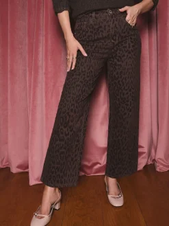 Love & Roses Chocolate Brown Leopard Print Flocked Crop Wide Leg Jeans Clearance