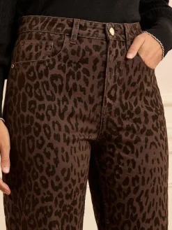 Love & Roses Chocolate Brown Leopard Print Flocked Crop Wide Leg Jeans Clearance