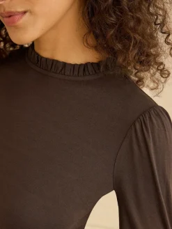 Love & Roses Chocolate Brown Frill Neck Long Sleeve Jersey Top Outlet