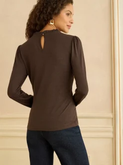 Love & Roses Chocolate Brown Frill Neck Long Sleeve Jersey Top Outlet